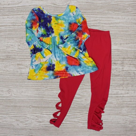 Girls 6 Tie Dye Bell Sleeve Tunic Pink Cut Out Leggings Outfit Set - Picture 1 of 6